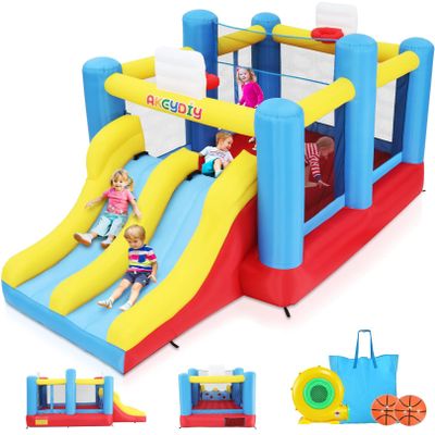 AKEYDIY Inflatable Bounce House, Outdoor Indoor Bouncy House with Blower for Kids, Sports Ball Game Theme Park Bouncer w/Double Slide, Large Bounce Area, 2 Basketball Hoops, Removable Volleyball Net