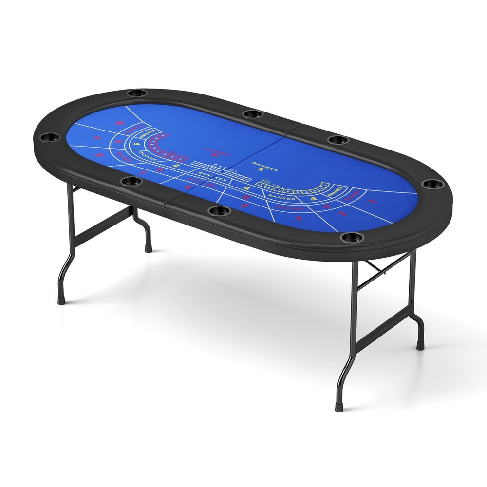Premium 8 Player Foldable Poker Card Table, Folding Blackjack Casino Texas Holdem Tables with Plastic Cup Holders, Portable Casino Style Board Game Table with Padded Rails, Blue