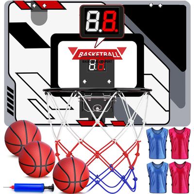 AGNEVE Basketball Hoop Indoor, Mini Basketball Hoop for Kids Over The Door Basketball Hoop with Electronic Scoreboard and 3 Balls 4pcs Team Practice Vests