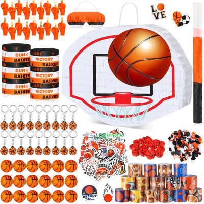 Hollowfly 162 Pcs Basketball Piata Basketball Party Favors 13 x 10 x 3 inch with Blindfold Confetti Bat Stress Ball Keychains Wristband Whistles Eraser Slap Bracelet Sticker Birthday Party Decoration