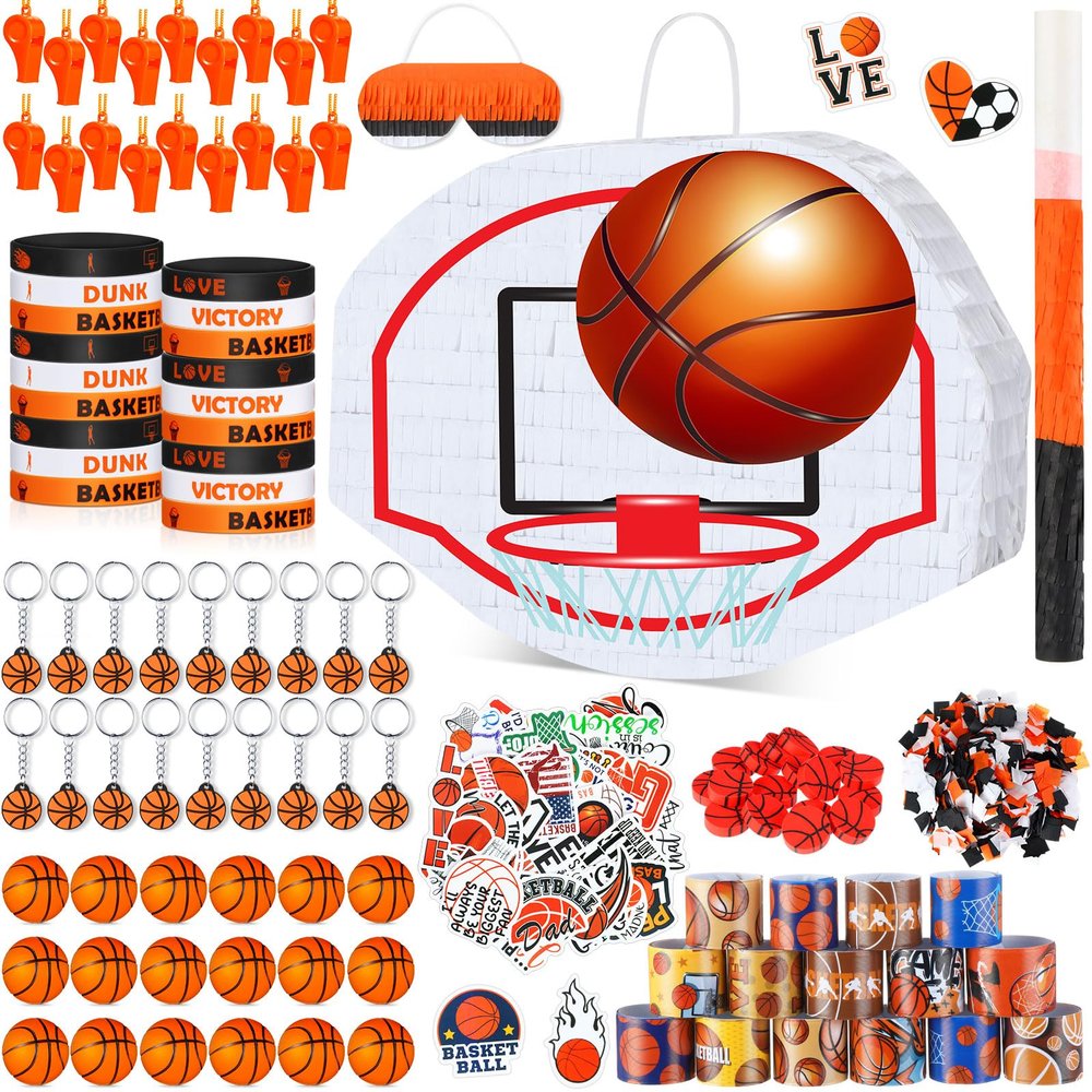 Hollowfly 162 Pcs Basketball Piata Basketball Party Favors 13 x 10 x 3 inch with Blindfold Confetti Bat Stress Ball Keychains Wristband Whistles Eraser Slap Bracelet Sticker Birthday Party Decoration
