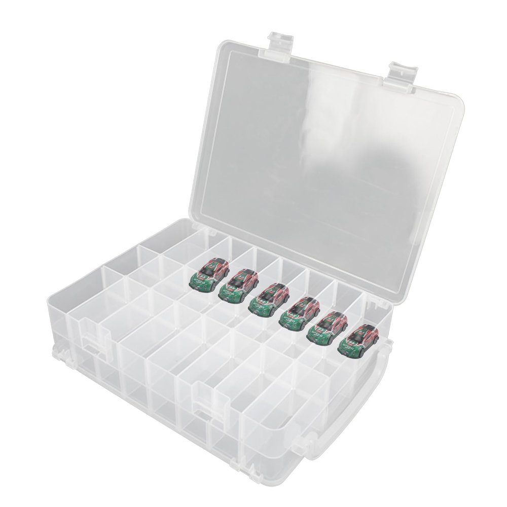 Double Sided Toy Car Storage Organizer Case for Model Cars, Transparent Carrying Box Container Carrier with 48 Compartments, Display Case for Small Dolls Mini Toys Model Car Storage and Collection