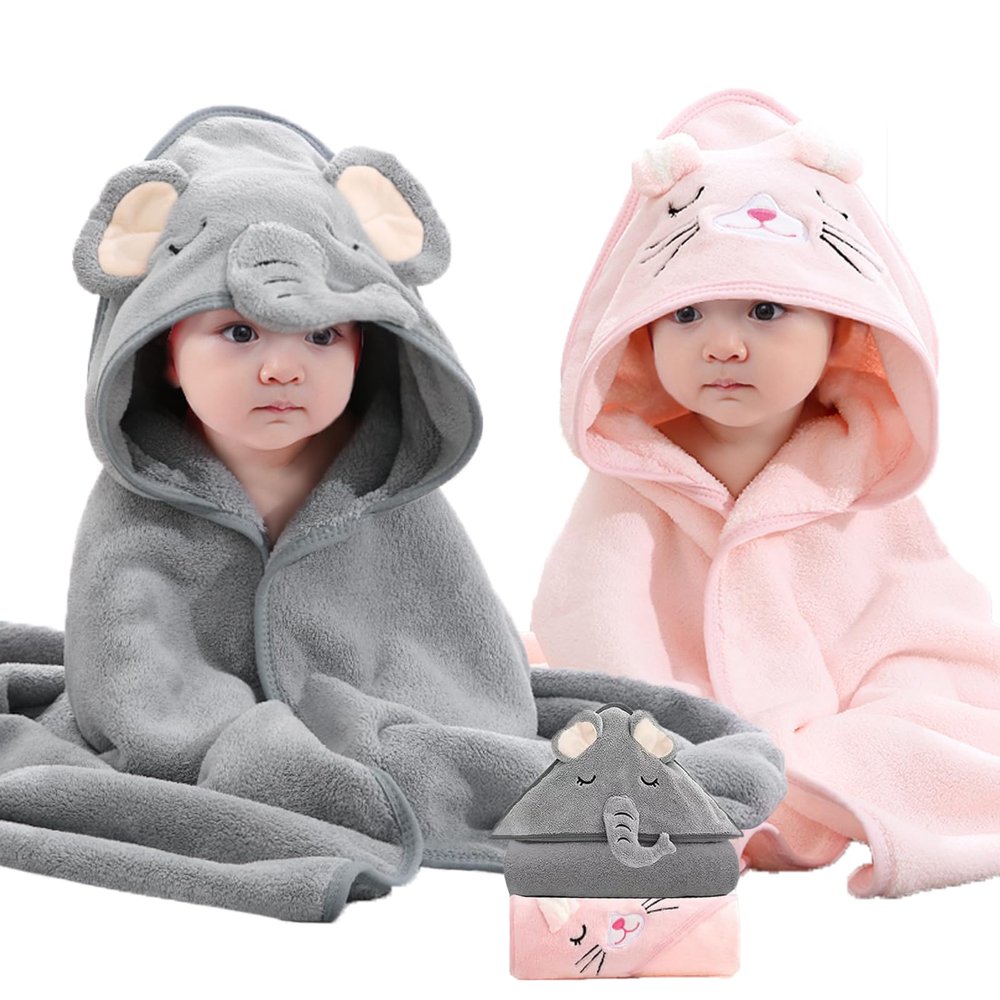 kmilro Baby Hooded Towel, 2-Pack Essentials with 31.5x31.5 inch, 2 Designs, Soft Absorbent Bath Towel for Boy and Girl