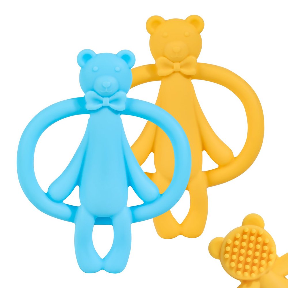 2 Pack Baby Teething Toys for 0-6 6-12 Months, Silicone Baby Bear Teether, Easy to Grip Teether for Babies Infants Boys Girls, BPA Free, Blue and Yellow