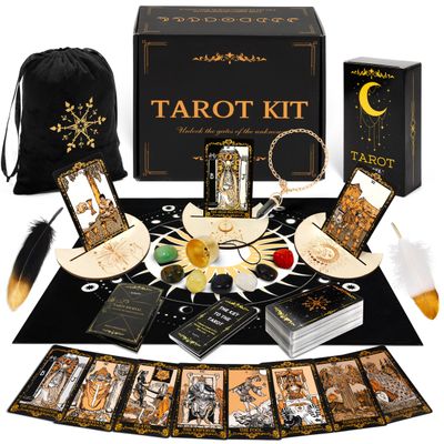 SUGEYA Tarot Cards with Guide Book, 78 Black Tarot Deck Set with Table Cloth, Chakra Stones, Velvet Bag and More, Classic Tarot Cards for Beginners Kit, Fortune Telling Game