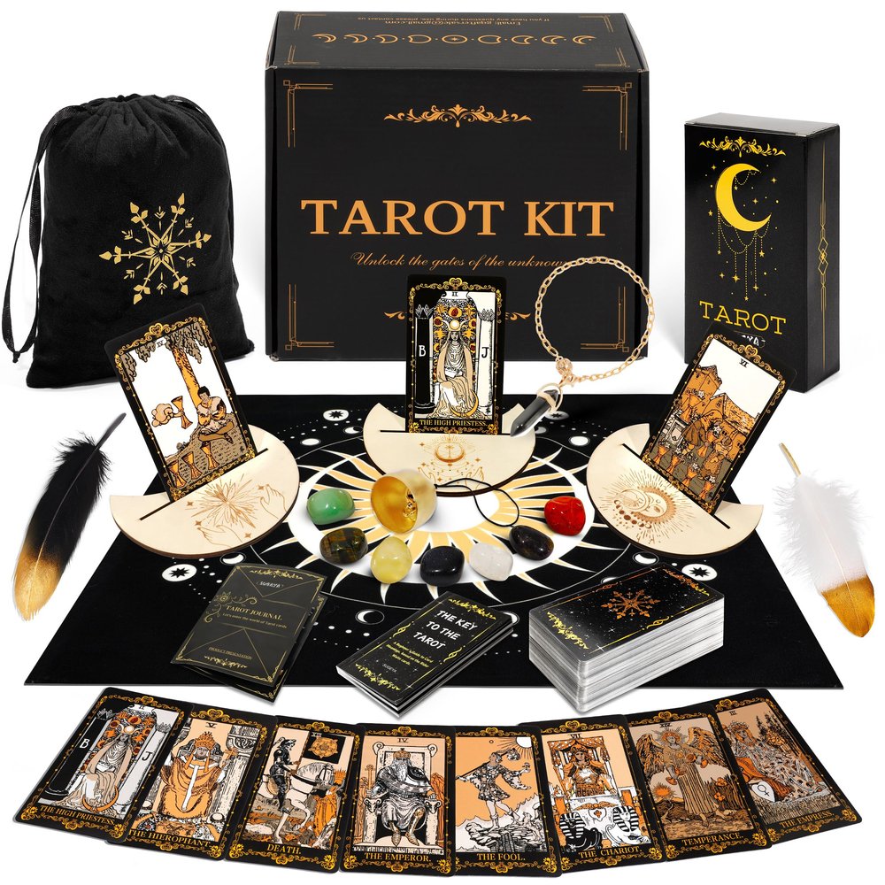 SUGEYA Tarot Cards with Guide Book, 78 Black Tarot Deck Set with Table Cloth, Chakra Stones, Velvet Bag and More, Classic Tarot Cards for Beginners Kit, Fortune Telling Game