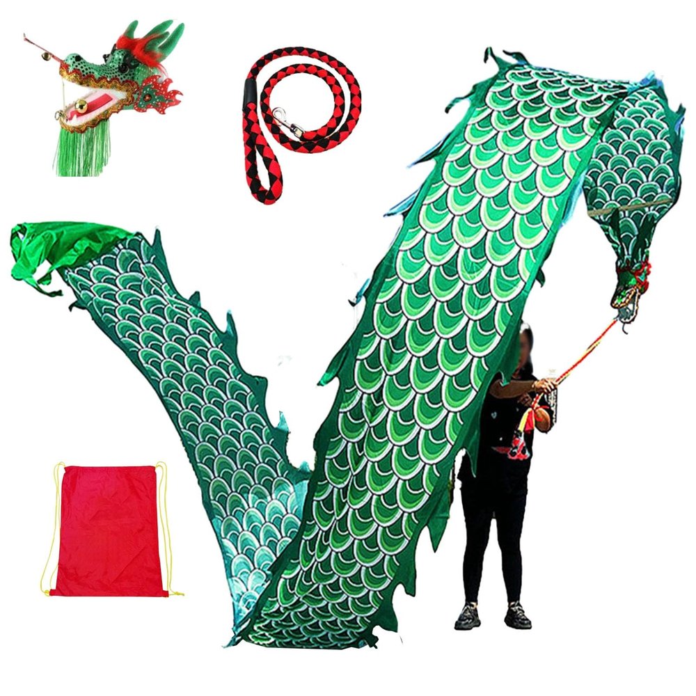 Kunovo Dragon Poi Green Dance Dragon Spinning Ribbons, Washable Silk-Like Spinning & Shaking Poi Set with Dragon Head, Swing Rope and Bag, Fitness Dragon Streamer (Size : 10 m (33 ft)), 58741