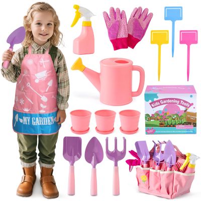 JOI MEW Kids Pink Gardening Tools Set, Garden Toys w/Metal Rake, Shovel, Trowel, Watering Can, Gloves, Tote Bag, Plant pots, DIY Bookmark Kits, Spring Summer Toy Outdoor Gift for Toddler Boy Girl