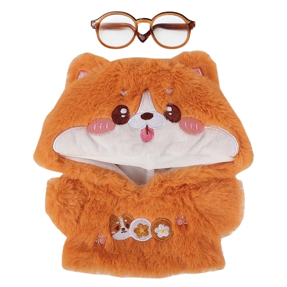niannyyhouse 20cm Plush Doll Clothes Cartoon Hoodie Glasses Warm Sweatshirt 8in Doll Dress Up (Orange)