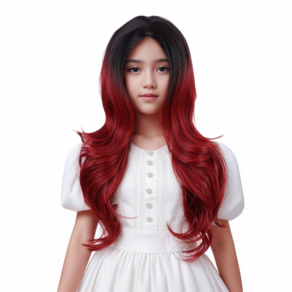 Edivd Black Ombre Red Wig for Kids Long Black Mixed Wine Red Middle Part Wig for Child Long Wavy Curly Wigs for Girls Heat Resistant Synthetic Wigs with Cap