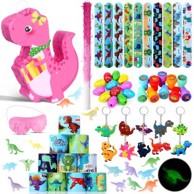 Pasimy 107 Pcs Dinosaur Birthday Party Favors Piata Set Dino Decoration 16.5 x 11.8 x 3.1 Inch Dinosaur Birthday Piata with Stick Blindfold for Party Favors(Pink,Cute)