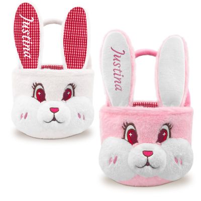 Atiming Personalized Plush Easter Basket for Kids, 1 Pack Custom Easter Furry Bunny Basket with Name for Boys Girls Easter Eggs Hunt Basket Easter Party Gift Bags