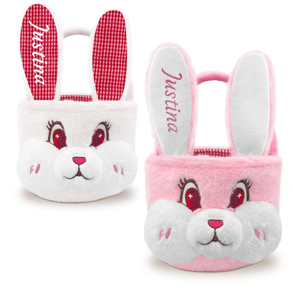 Atiming Personalized Plush Easter Basket for Kids, 1 Pack Custom Easter Furry Bunny Basket with Name for Boys Girls Easter Eggs Hunt Basket Easter Party Gift Bags