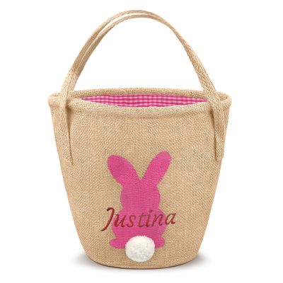 Atiming Personalized Bunny Easter Basket for Kids, 1 Pack Custom Easter Egg Hunting Basket with Name for Boys Girls Easter Bunny Eggs Hunt Basket Easter Party Gift Bags (Jute Pink Bunny)