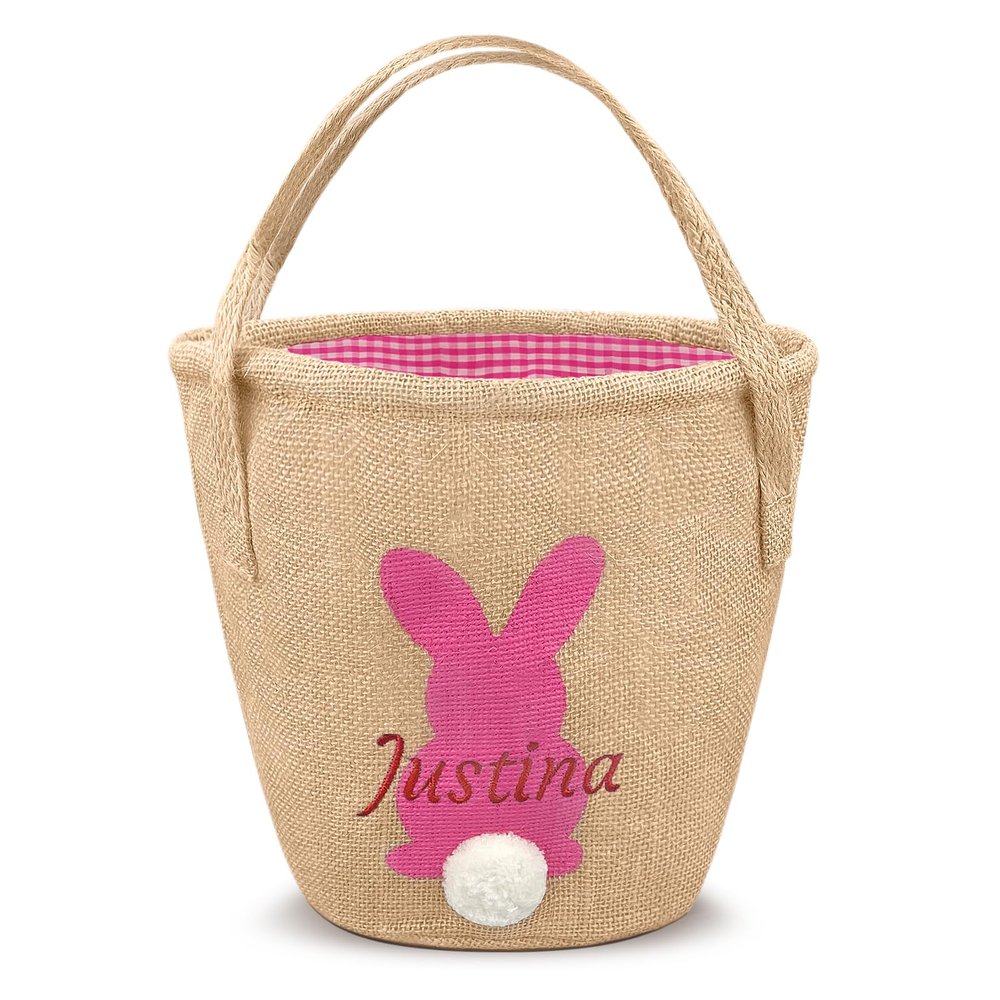 Atiming Personalized Bunny Easter Basket for Kids, 1 Pack Custom Easter Egg Hunting Basket with Name for Boys Girls Easter Bunny Eggs Hunt Basket Easter Party Gift Bags (Jute Pink Bunny)