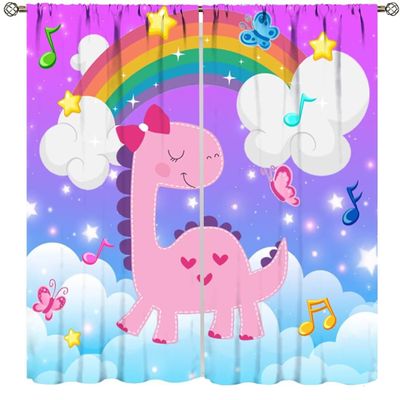 Cute Dinosaur Kids Curtains,Starry Sky Rainbow Window Treatments for Girls Bedroom Living Room Nursery Baby Room Lovely Cartoon Animal Drapes 2 Panel Set,Total Size 84" x 84"