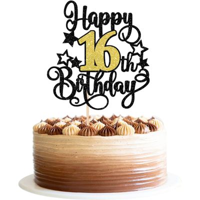 1 PCS Happy 16th Birthday Cake Topper Black Gold Glitter Cheers to 16 Years Birthday Cake Pick Hello 16 Fabulous Cake Decoration for Happy 16th Birthday Anniversary Party Decorations Supplies