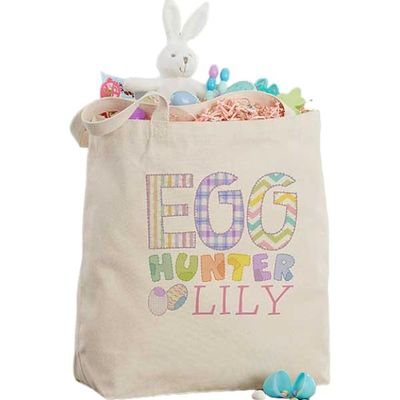 Personalization Universe Egg Hunter Personalized Large Canvas Tote Bag  Custom Kids Spring Gift  Children's Basket Tote