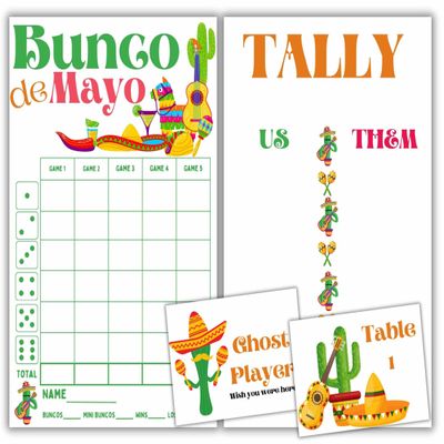 Cinco de Mayo Bunco Theme Set - Bunco Score Sheets - Fiesta Themed Bunco - Cinco de Mayo Scorecards - Tally Sheets - Ghost Player - Bunco Babes - Bunco Game Kit for Game Night - May Theme Night