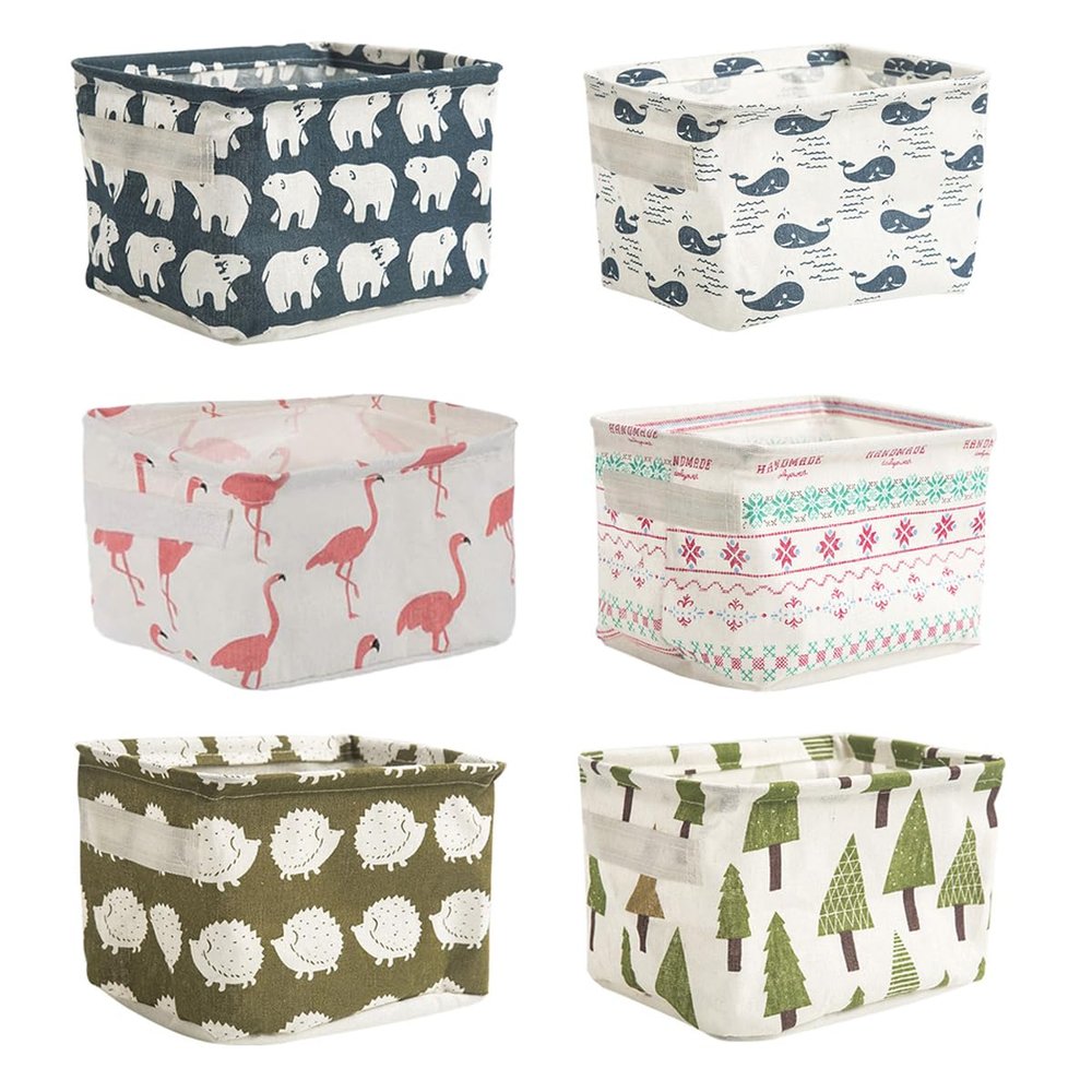 Petunny 6 Pcs Mini Storage Baskets Kids Cute Canvas Storage Basket with Handles Foldable Small Cartoon Storage Box for Organizing Home Office Baby Pets Sundries