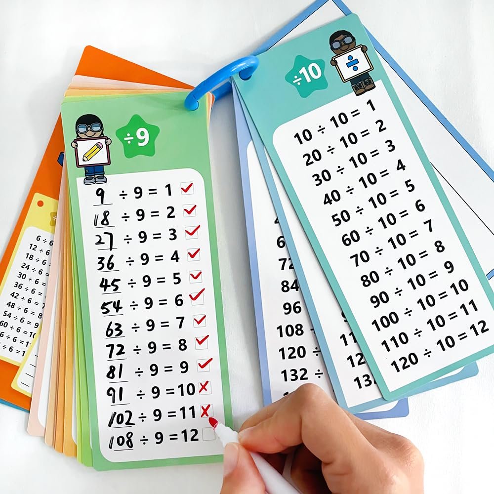 Lachilly 1-12 Division Table Cards with 2 Dry Erase Pens, Educational Maths Table Flashcards for Kids, Self Check Classroom Home Learning Aids, Elementary School Teacher Teaching Aids, 15 Big Cards