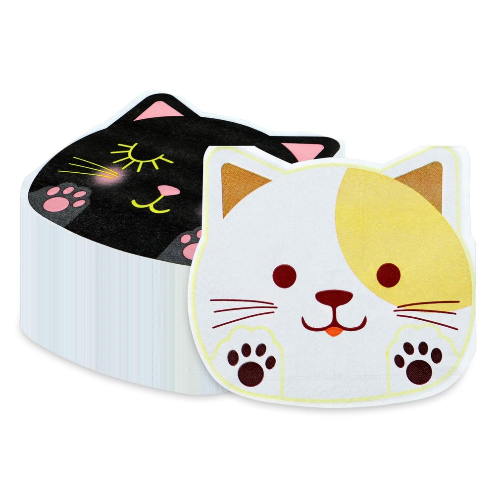 100Pcs Cat Napkins, 11 x 12.2 Inches Cartoon Cat Kitty Party Napkins, Black White Paw Print Paper Napkins, Cat Birthday Decorations Kitten Napkins for Kids Pet Cat Birthday Party Supplies