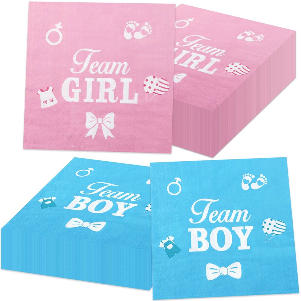 100Pcs Gender Reveal Napkins, 13 x 13 Inches Boy or Girl Baby Shower Napkin, Team Boy or Girl Napkins, Blue Pink Party Napkin for Baby Shower Gender Reveal Party Supplies