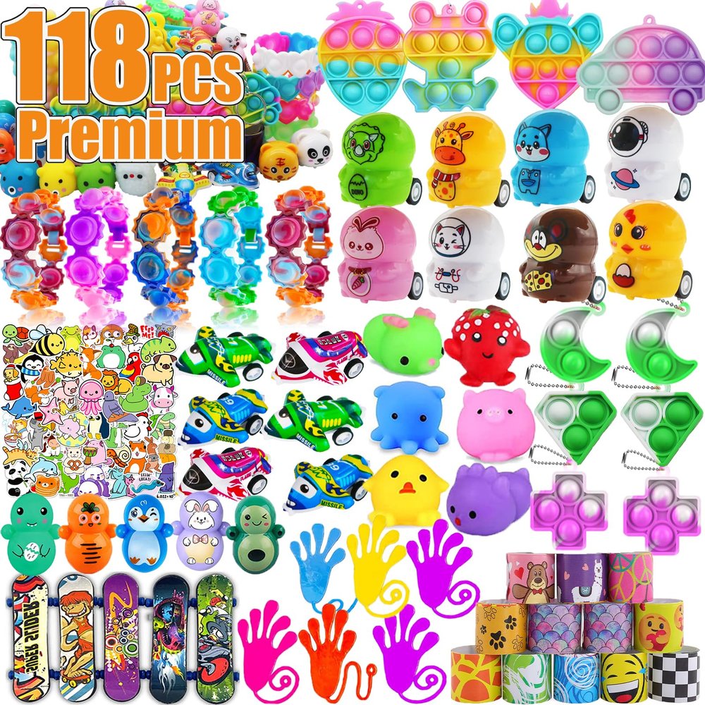 118 Pcs Party Favors for Kids, Pop Fidget Treasure Box Toys, Valentines Gift Classroom Prizes, Pinata Filler Goodie Bag Stuffers, Treasure Chest Carnival Prizes, Prize Box Bulk Toys for Boys Girls 4-8