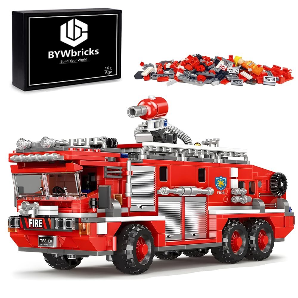 BYWbricks City Water Tank Fire Truck Building Blocks Set (720 pcs) - Fire Station Firetruck Bricks Collectible Building Kit Model Gift for Boys, Girls and Adults