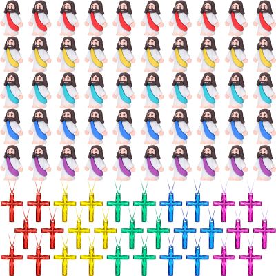 Barydat 100 Pcs Mini Jesus Toys 50 Little Jesus Figurines and 50 Religious Plastic Crystal Cross Necklaces Church Religious Party Favors Christian Gifts Easter Eggs Stuffers to Hide and Seek