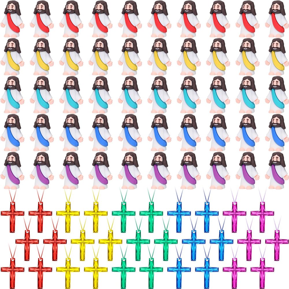 Barydat 100 Pcs Mini Jesus Toys 50 Little Jesus Figurines and 50 Religious Plastic Crystal Cross Necklaces Church Religious Party Favors Christian Gifts Easter Eggs Stuffers to Hide and Seek