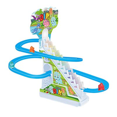 Fonowx Dinosaur Climbing Stairs Tracks Slide Toy Race Track Playset Electric Toy Vehicle Set Roller Coaster with Music and Lights Easy Carry Smooth Edges