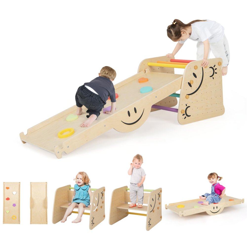 HONEY JOY Climbing Toys for Toddlers, 6 in 1 Wooden Triangle Set, Double Side Ramp & Climber, Seesaw, Step Stool, 2-Piece Learning Indoor Montessori Climbing Ladder Gym for Kids Boys Girls
