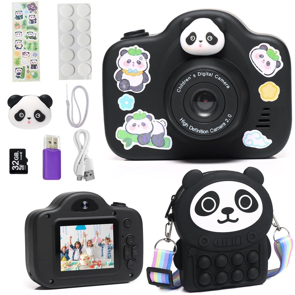 Kids Camera, Christmas Birthday Gifts for Children Age 3-8, HD Digital Video Cameras for Children, Portable Toy for 3 4 5 6 7 8 Year Old Kid with 32GB SD Card and Cute Children's Camera Bag (Black)