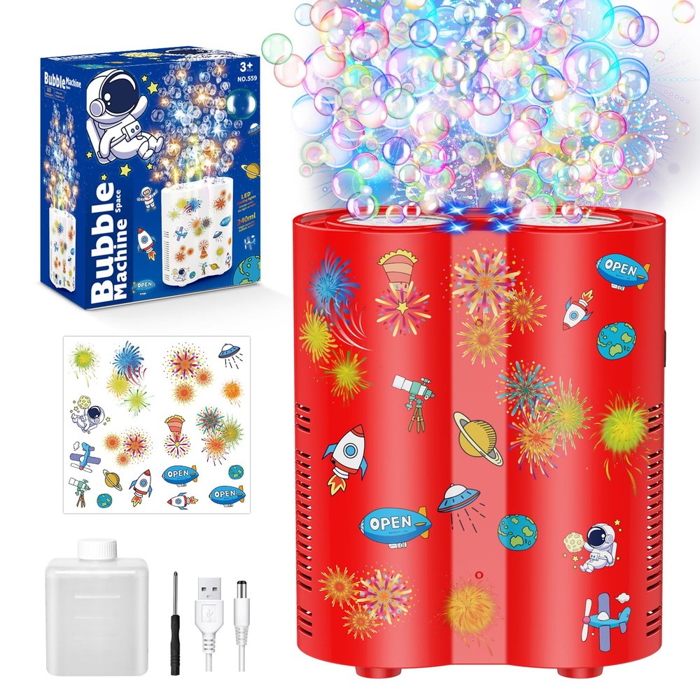 PANACARE Astronaut Soap Bubble Machine Fireworks Bubble Machine for Kids 20000+ Bubble per Min/Lights/DIY Stickers/240ml Solution Automatic Bubble Toy for Kids Summer Outdoor Party Wedding