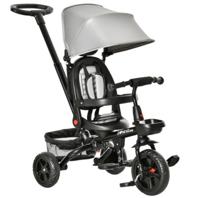 Baby Tricycle 4 in 1 Trike w/Reversible Angle Adjustable Seat Removable Handle Canopy Handrail Belt Storage Footrest Brake Clutch for 1-5 Years Old Grey