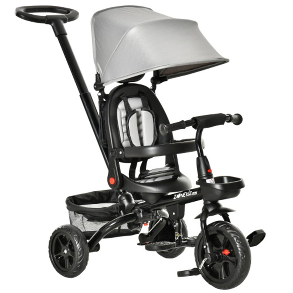 Baby Tricycle 4 in 1 Trike w/Reversible Angle Adjustable Seat Removable Handle Canopy Handrail Belt Storage Footrest Brake Clutch for 1-5 Years Old Grey