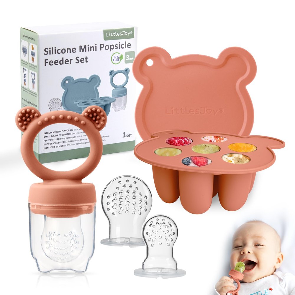 LittlesJoy Infant Baby Fruit Feeder & Food Feeder, Breast Milk Popsicle Mold for purees, Baby Teething Relief teether,4pcs self Feeding Sets for Toddler, BPA Free 3 Month + (Muted)