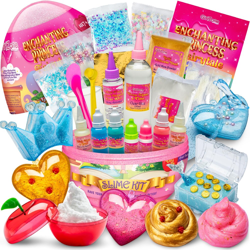 GirlZone Slime Kit - 42-Piece Apple-Scented DIY Slime Kit with Activator & Add-Ins - Princess & Mermaid Combo for Girls Ages 7+ - Heart Containers, Butter & Fluffy Textures