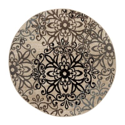 HomeRoots 486941 8 ft. Floral Medallion Stain Resistant Round Area Rug Tan Gray & Black
