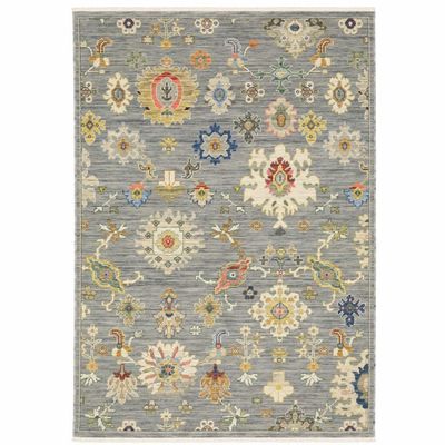 HomeRoots 509320 5 x 8 ft. Gray Ivory Gold Salmon Red Blue & Green Oriental Power Loom Stain Resistant Rectangle Area Rug with Fringe