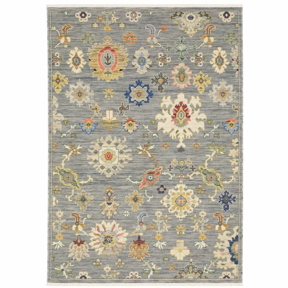 HomeRoots 509320 5 x 8 ft. Gray Ivory Gold Salmon Red Blue & Green Oriental Power Loom Stain Resistant Rectangle Area Rug with Fringe