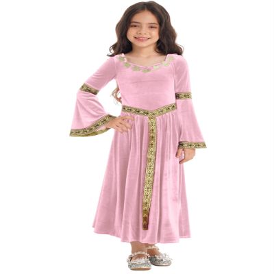 Nikiikoo Kids Girls Medieval Princess Velvet Dress Long Flare Sleeve Retro Patterned Band for Gothic Party Dress Up Pink 10 Years