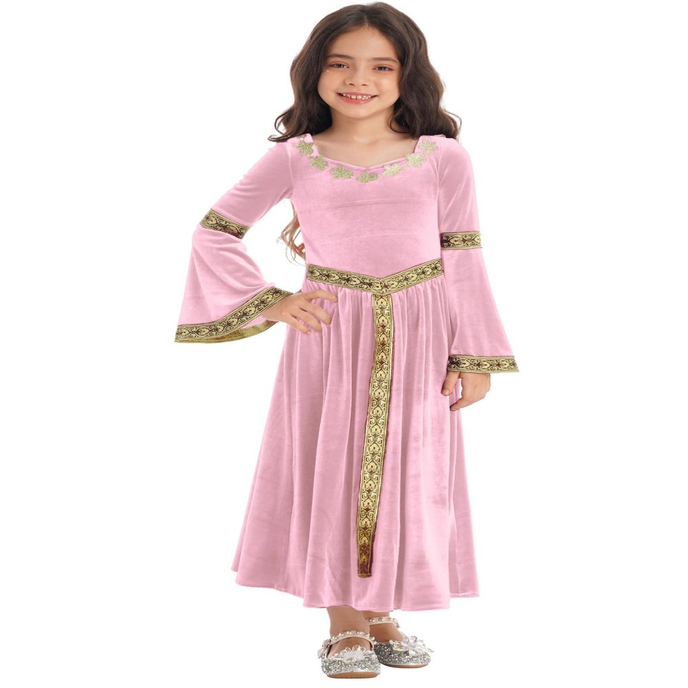 Nikiikoo Kids Girls Medieval Princess Velvet Dress Long Flare Sleeve Retro Patterned Band for Gothic Party Dress Up Pink 10 Years