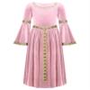 Nikiikoo Kids Girls Medieval Princess Velvet Dress Long Flare Sleeve Retro Patterned Band for Gothic Party Dress Up Pink 10 Years view 3