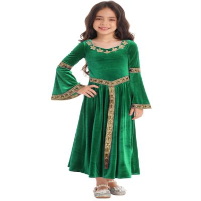 Nikiikoo Kids Girls Medieval Princess Velvet Dress Long Flare Sleeve Retro Patterned Band for Gothic Party Dress Up Green 10 Years
