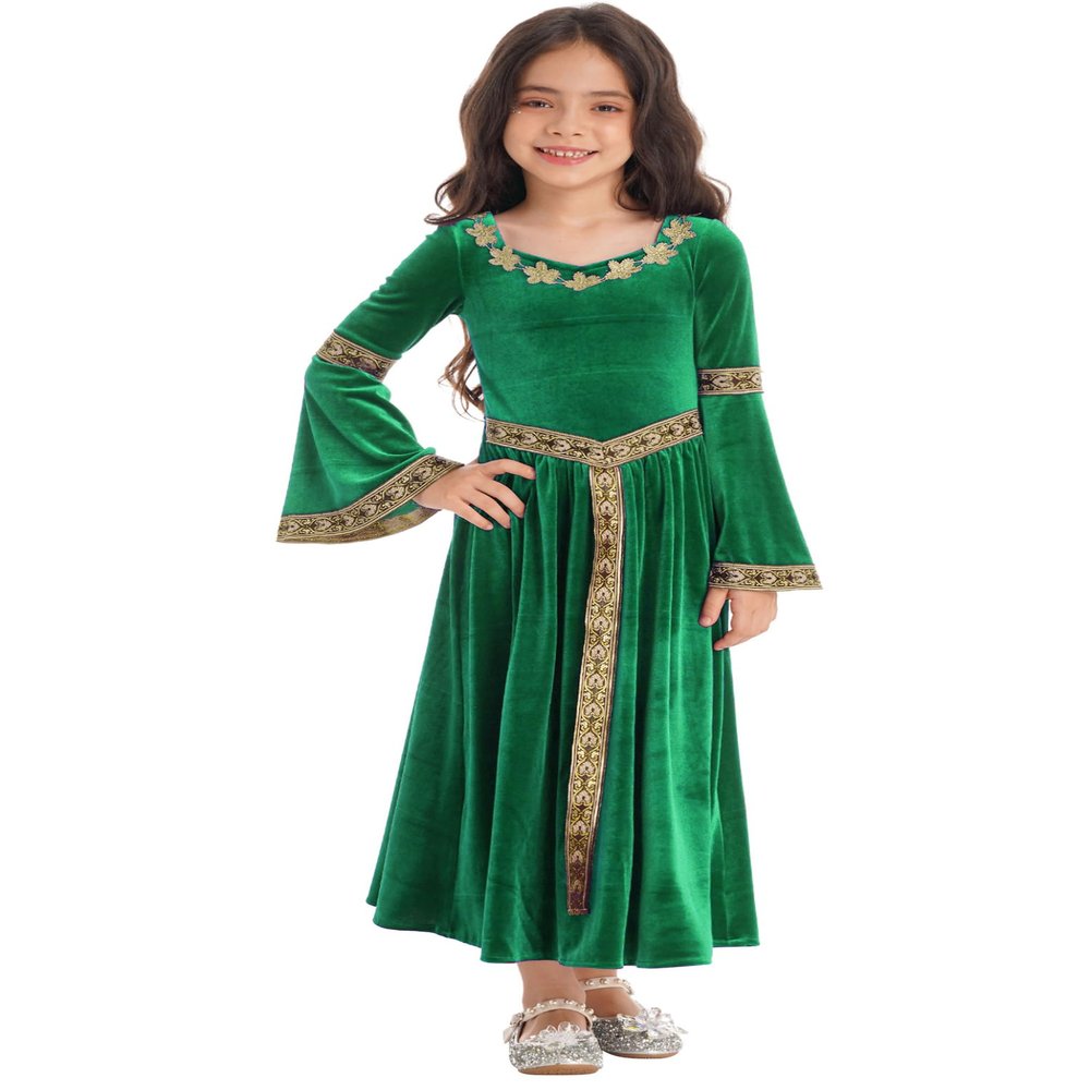 Nikiikoo Kids Girls Medieval Princess Velvet Dress Long Flare Sleeve Retro Patterned Band for Gothic Party Dress Up Green 10 Years