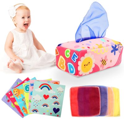 Baby Tissue Box - Montessori Toys for 6-12 Months, 1 Year Old - Soft Stuffed High Contrast Crinkle Infant Sensory Toy, Boys&Girls Toddler Early Learning Baby Gifts