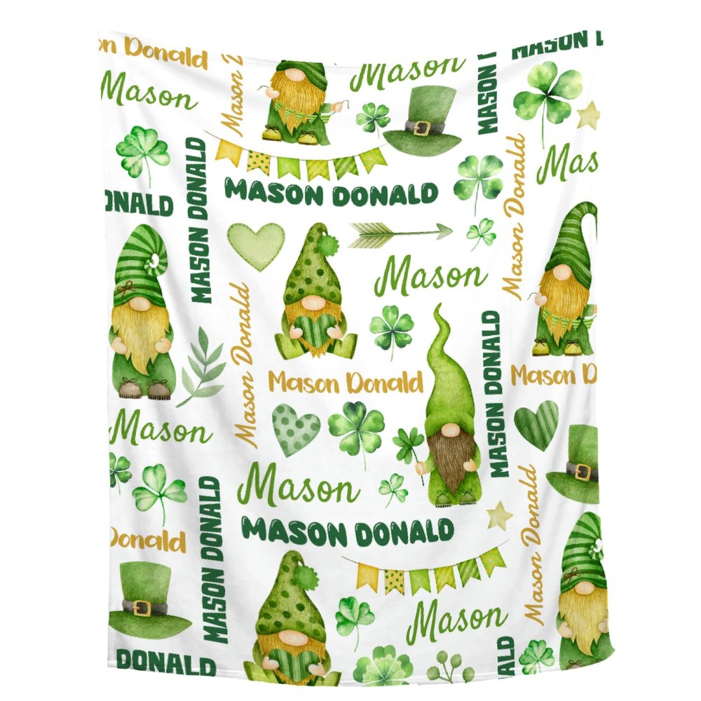 Personalized St Patrick's Day Blanket for Girls Boys - Shamrocks Green Clovers Irish Custom Baby Swaddle With Name for Toddlers Infants Kids - Nursery Crib Decor Throw Birthday Gift