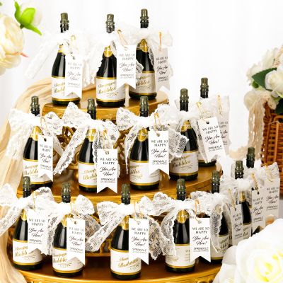 Sunnychicc 20 Pcs Mini Champagne Bubbles Wedding Favor Bulk Small Champagne Bottle Shaped Bubbles with Ribbons Gold Pins and Cards for Wedding Send Off Bridal Shower Celebration